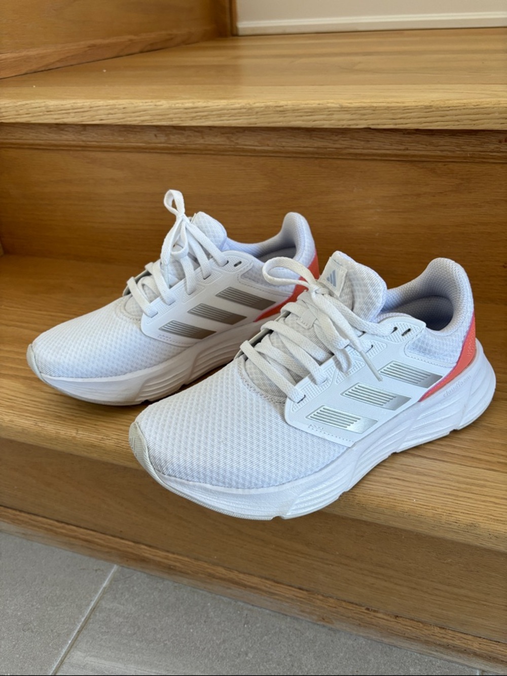 WOMENS adidas White Athletic Sneakers with Coral Accent